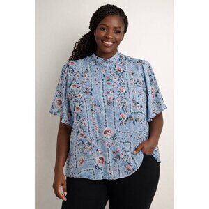 LC Lauren Conrad Dusty Blue Floral Flutter Sleeve Blouse XXL